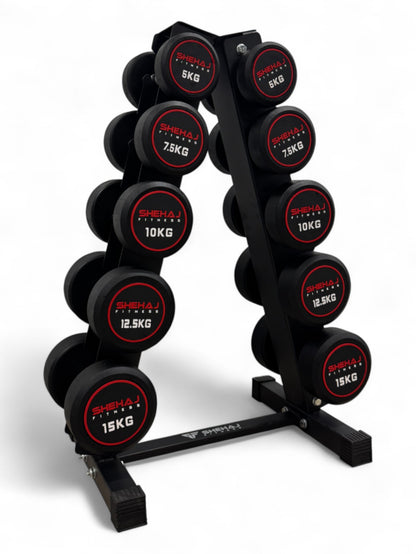 5-15kg Round Dumbbell Set With Vertical Rack Stand - 5 Pairs Set