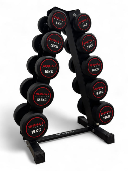 5-15kg Round Dumbbell Set With Vertical Rack Stand - 5 Pairs Set