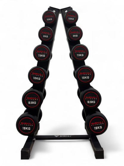 2.5–15kg Round Dumbbell Set with Vertical Rack – 6 Pairs