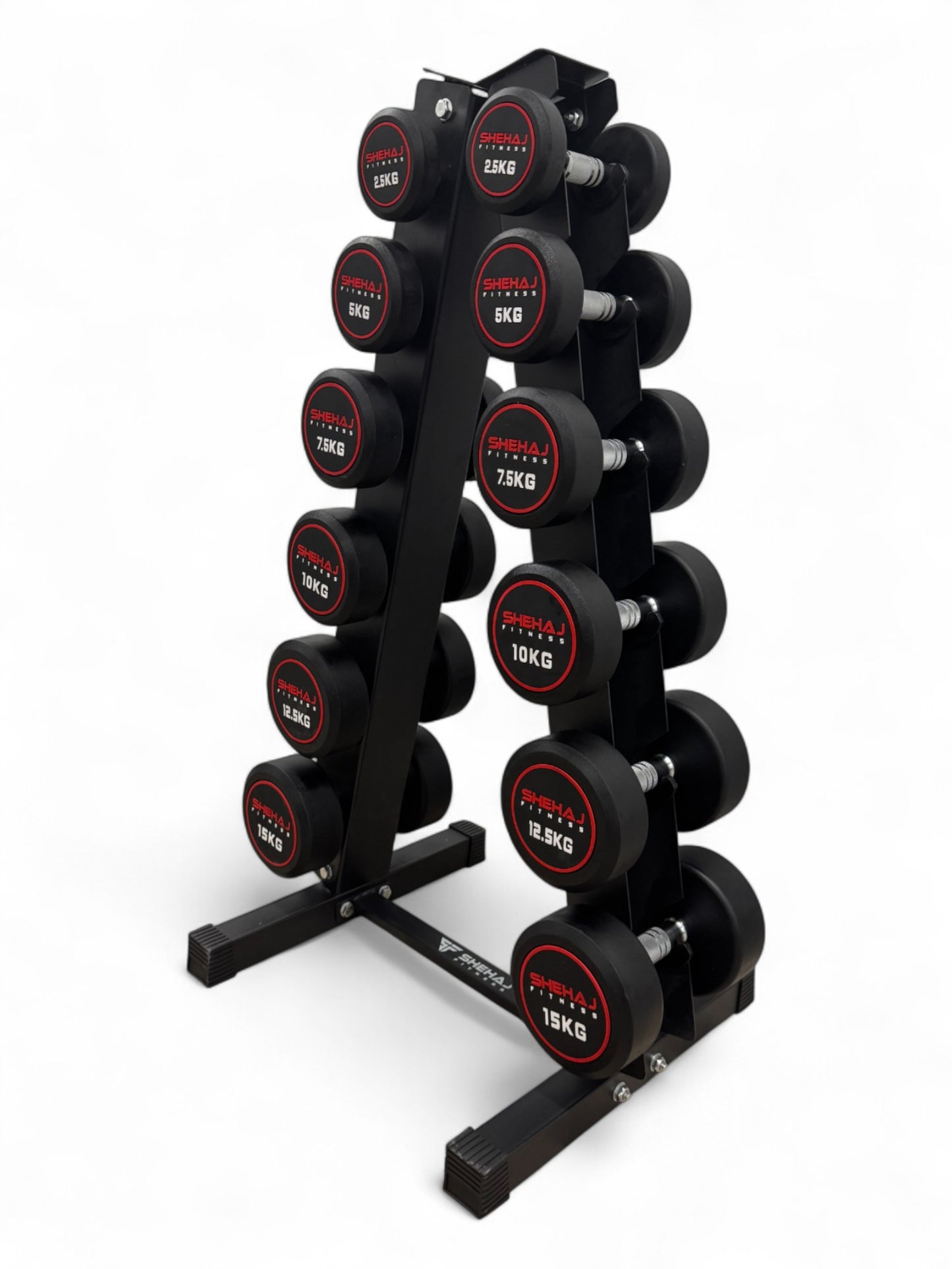 2.5–15kg Round Dumbbell Set with Vertical Rack – 6 Pairs
