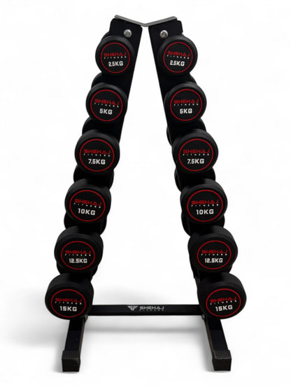 2.5–15kg Round Dumbbell Set with Vertical Rack – 6 Pairs