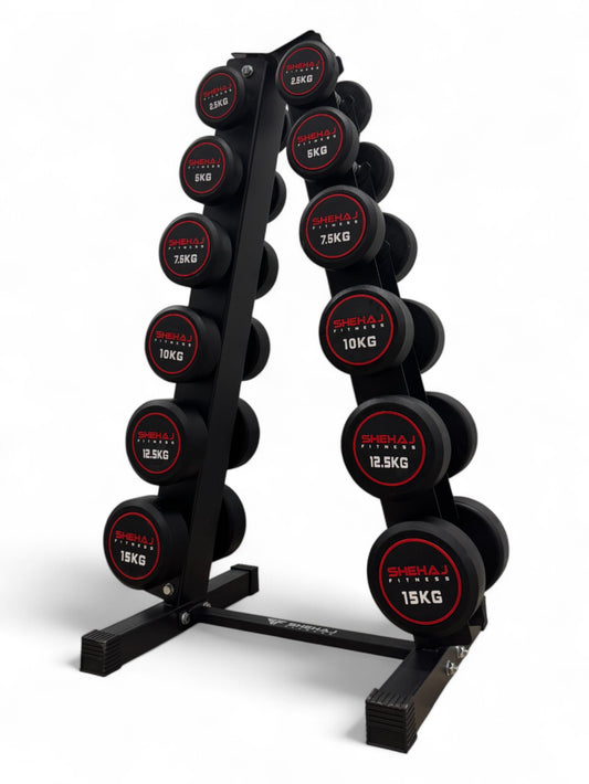 2.5–15kg Round Dumbbell Set with Vertical Rack – 6 Pairs