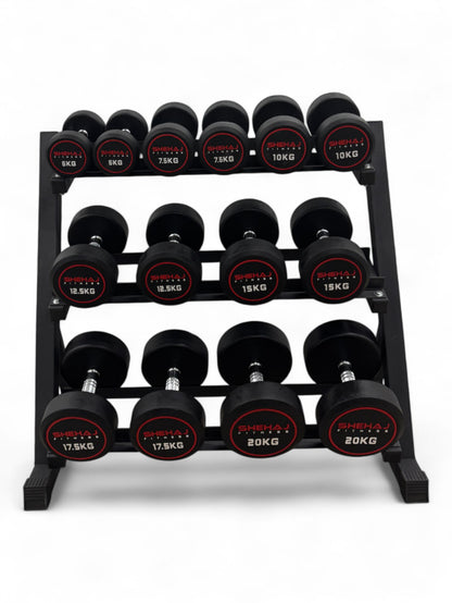5-20kg Round Dumbbell Set With 3 Tier Rack Stand - 2.5kg increments -7 Pairs Set