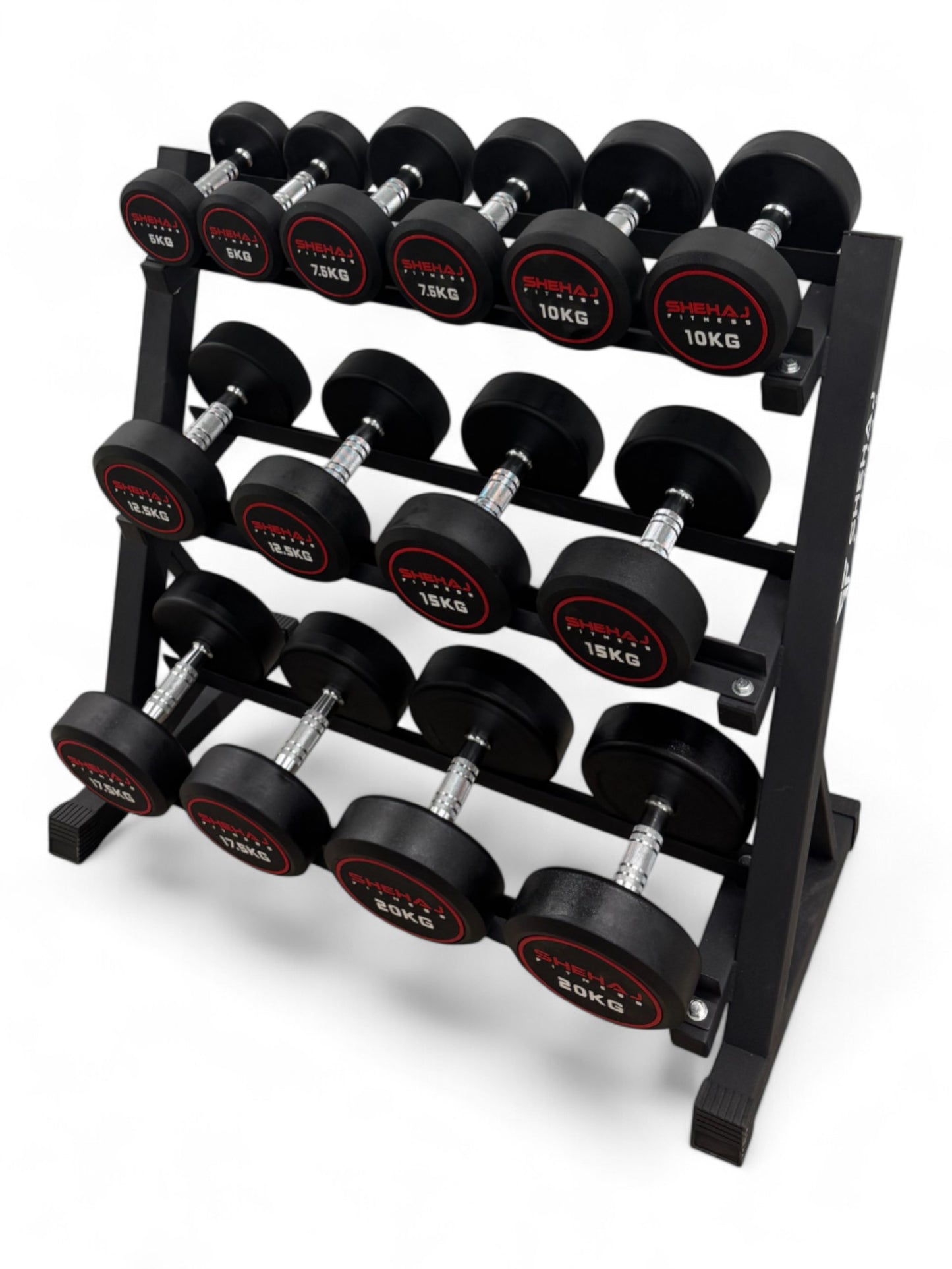 5-20kg Round Dumbbell Set With 3 Tier Rack Stand - 2.5kg increments -7 Pairs Set