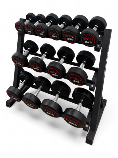 5-20kg Round Dumbbell Set With 3 Tier Rack Stand - 2.5kg increments -7 Pairs Set