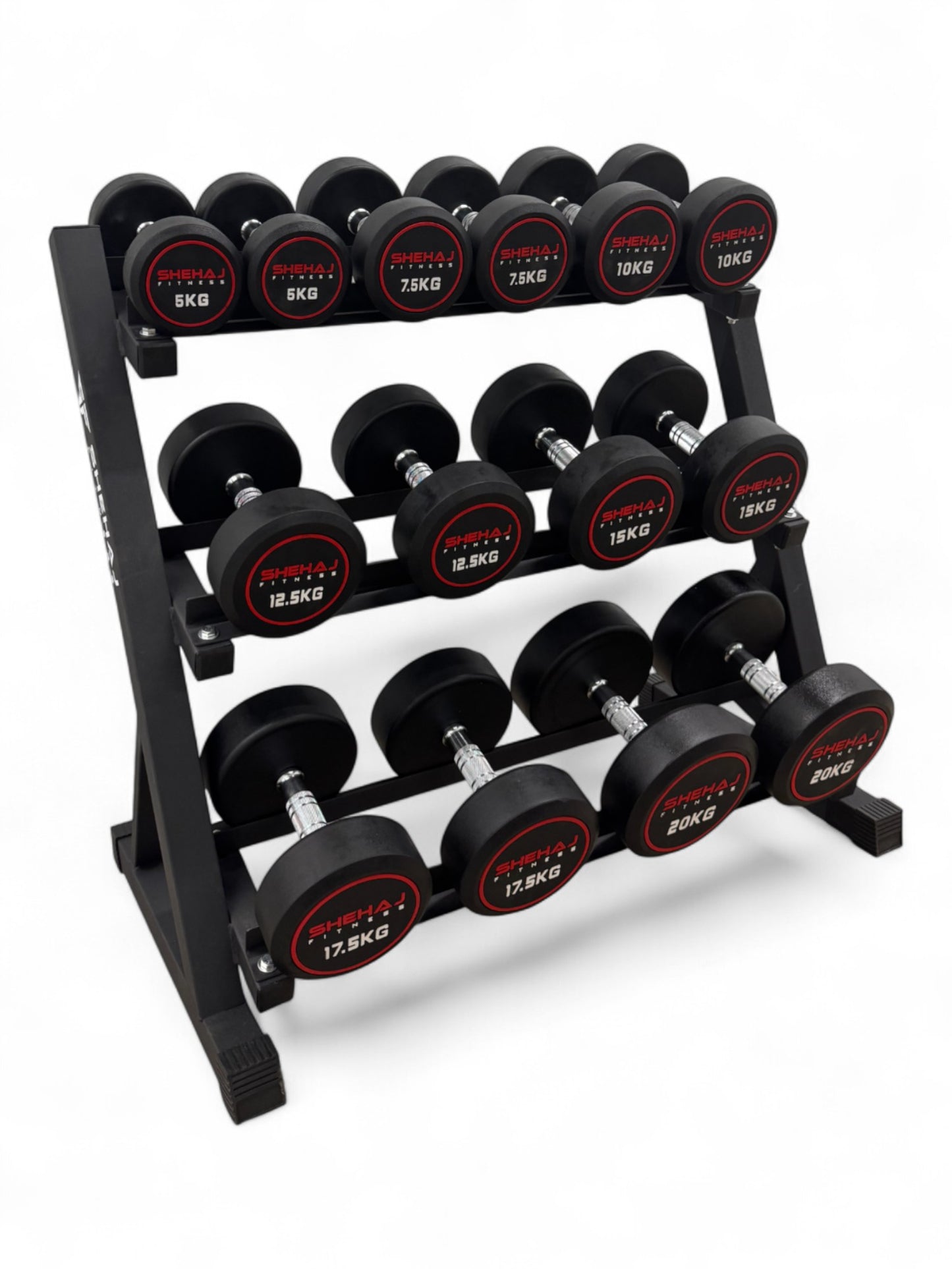 5-20kg Round Dumbbell Set With 3 Tier Rack Stand - 2.5kg increments -7 Pairs Set