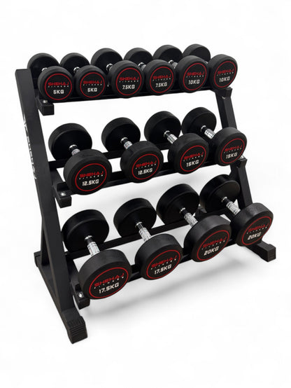 5-20kg Round Dumbbell Set With 3 Tier Rack Stand - 2.5kg increments -7 Pairs Set