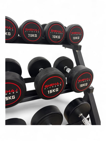 5-20kg Round Dumbbell Set With 3 Tier Rack Stand - 2.5kg increments -7 Pairs Set