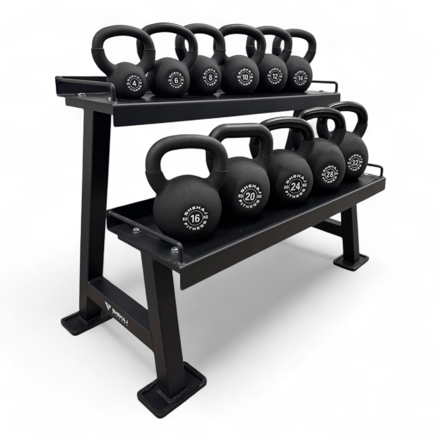 Kettlebell Set 4-32Kg Cast Iron Neoprene & 2-Tier Rack Stand Home Gym 11 Singles