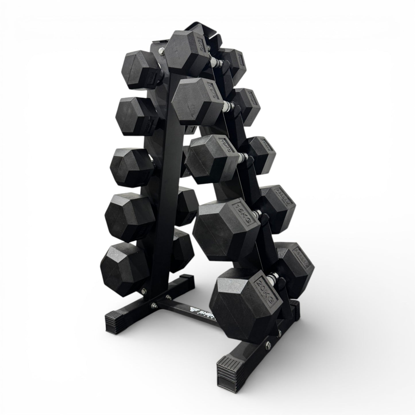 Hex Dumbbell 5-20kg Set With Vertical Rack Stand - Free weights- 5 Pairs Set