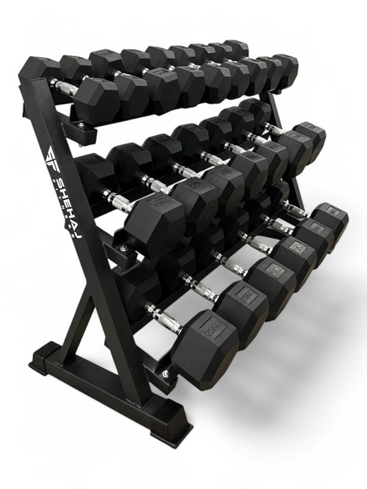 5–30kg Hex Dumbbell Set with 3-Tier Rack – 11 Pairs in 2.5kg