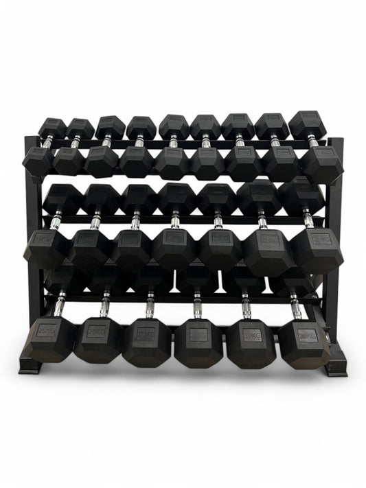 5–30kg Hex Dumbbell Set with 3-Tier Rack – 11 Pairs in 2.5kg