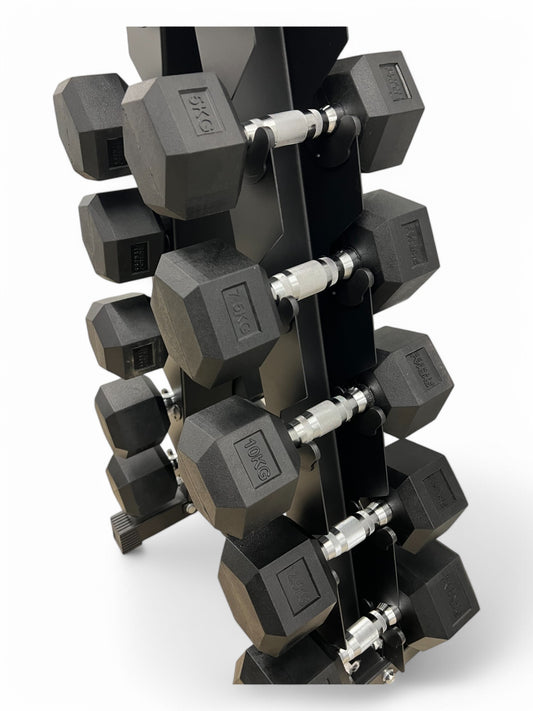 2.5–15kg Hex Dumbbell Set with Rack – 6 Pairs Weights