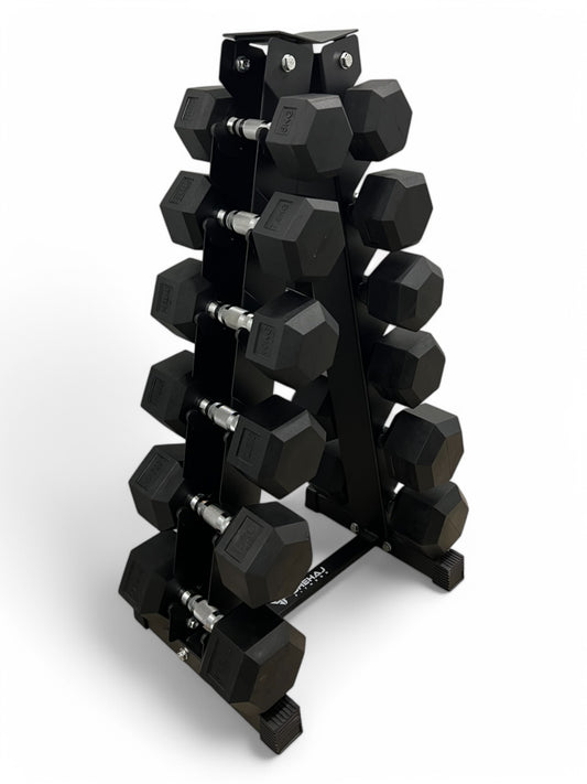 5–17.5kg Hex Dumbbell Set with Rack – 6 Pairs Weights