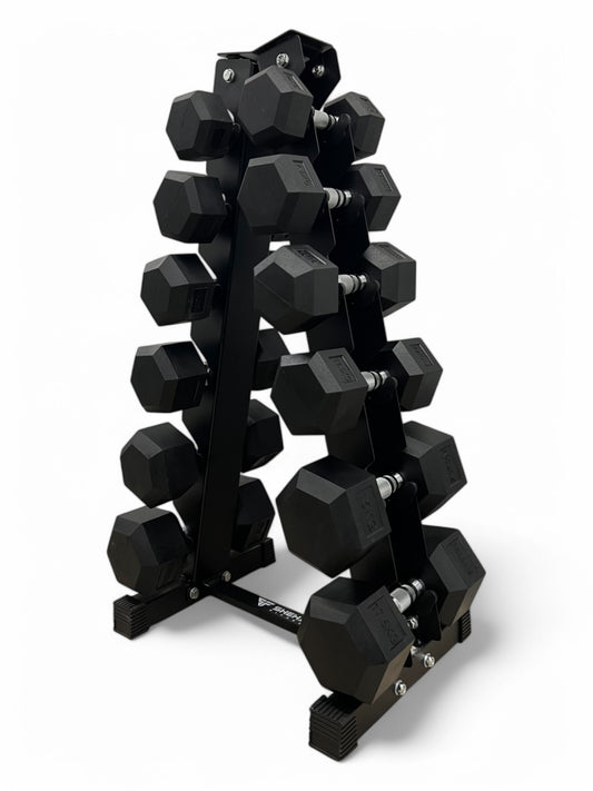 5–17.5kg Hex Dumbbell Set with Rack – 6 Pairs Weights