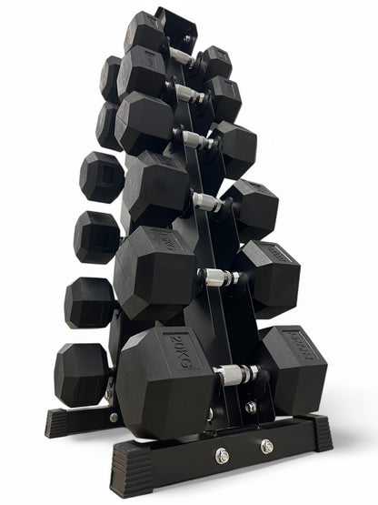 5–20kg Hex Dumbbell Set with Vertical Rack – 6 Pairs