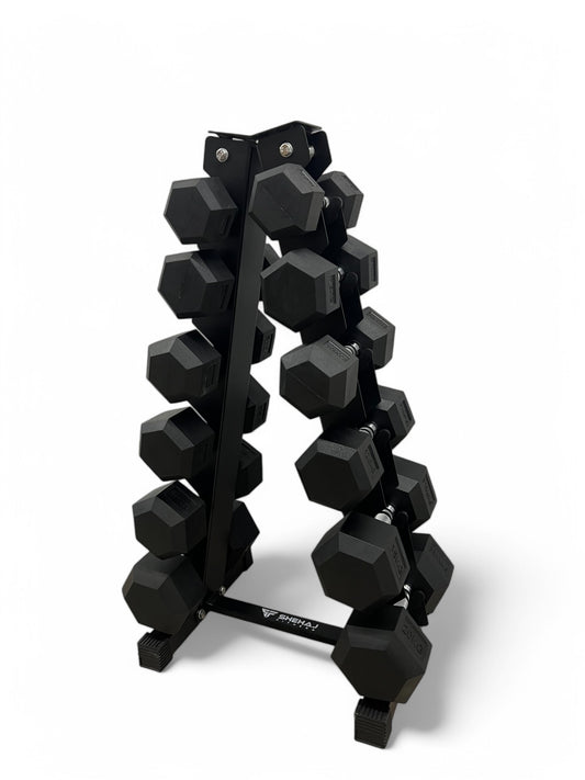 5–20kg Hex Dumbbell Set with Vertical Rack – 6 Pairs