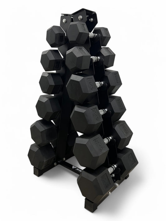 5–30kg Hex Dumbbell Set with Vertical Rack – 6 Pairs