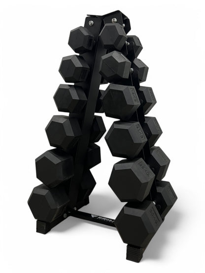5–30kg Hex Dumbbell Set with Vertical Rack – 6 Pairs