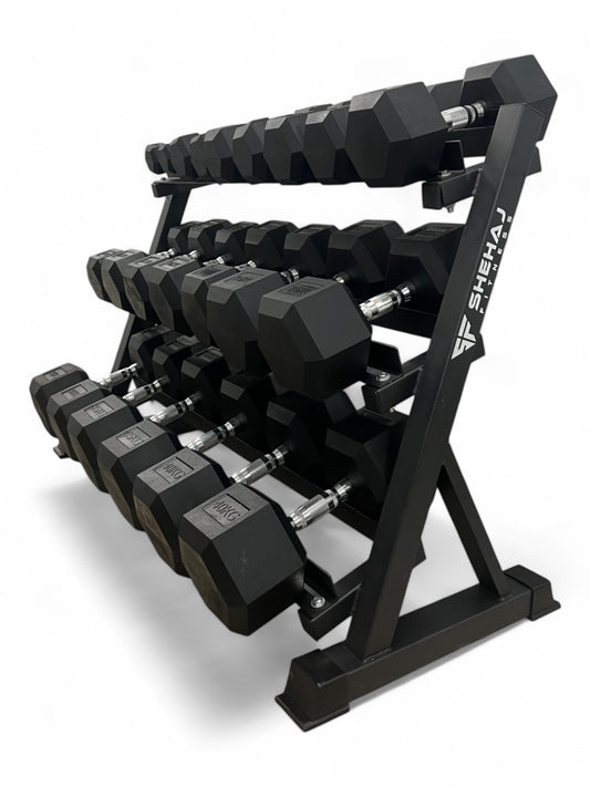 2.5–40kg Hex Dumbbell Set with 3-Tier Rack – 11 Pairs