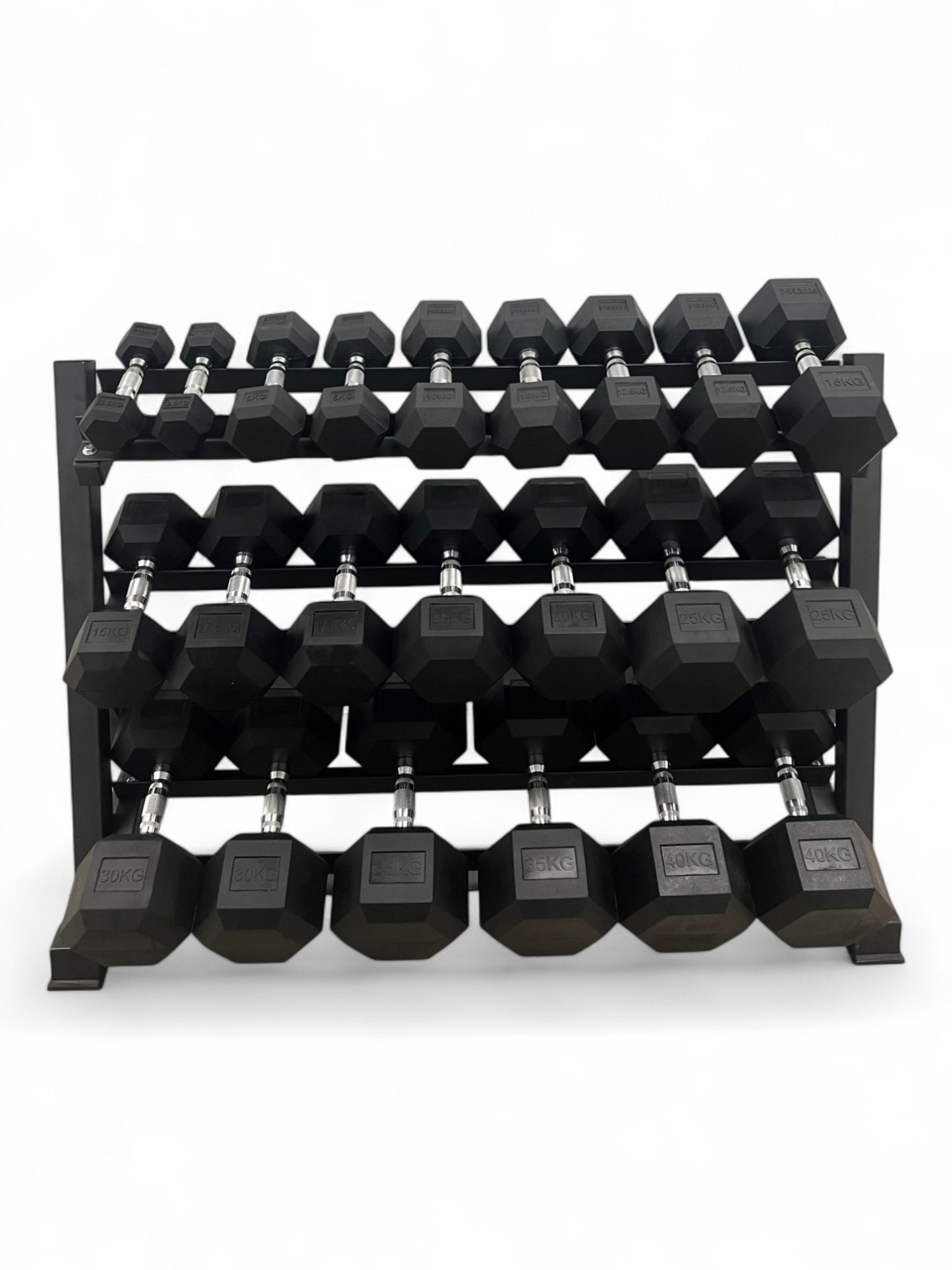 2.5–40kg Hex Dumbbell Set with 3-Tier Rack – 11 Pairs