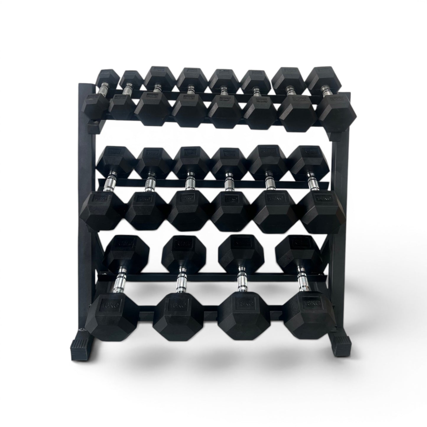 Hex Dumbbell 2-18kg Set With 3 Tier Rack Stand - 2kg increments- 9 Pairs Set