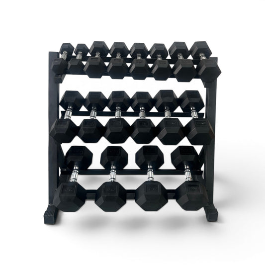 Hex Dumbbell 2-18kg Set With 3 Tier Rack Stand - 2kg increments- 9 Pairs Set