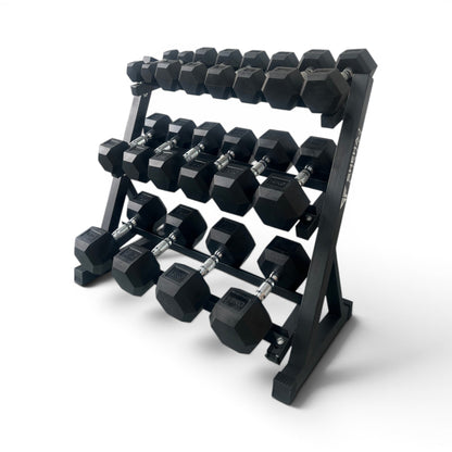 Hex Dumbbell 2-18kg Set With 3 Tier Rack Stand - 2kg increments- 9 Pairs Set