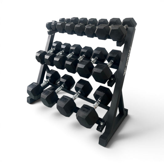 Hex Dumbbell 2-18kg Set With 3 Tier Rack Stand - 2kg increments- 9 Pairs Set