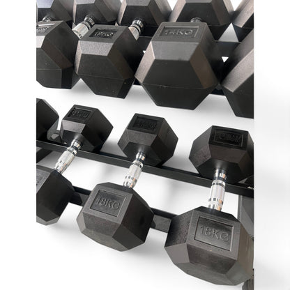 Hex Dumbbell 2-18kg Set With 3 Tier Rack Stand - 2kg increments- 9 Pairs Set