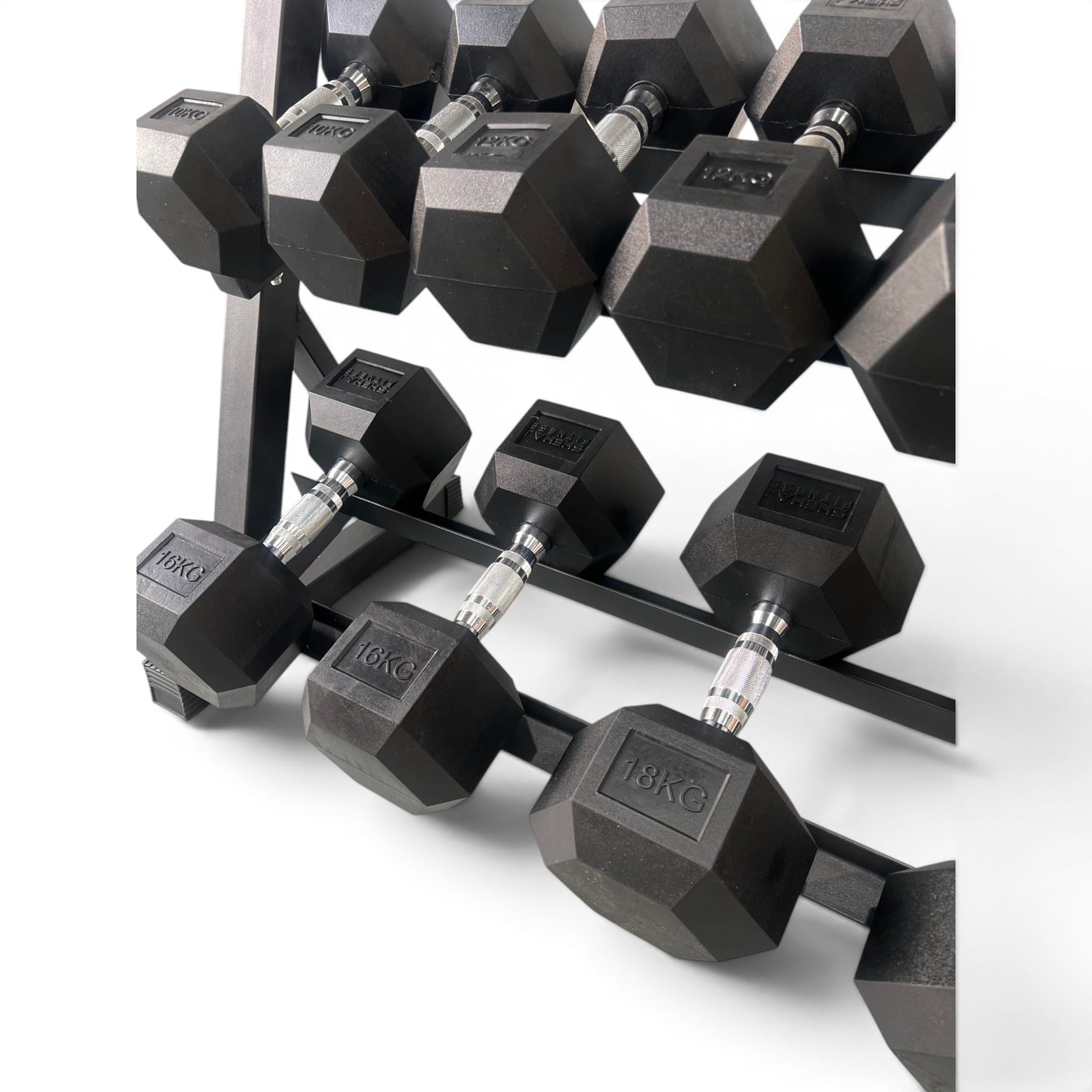 Hex Dumbbell 2-18kg Set With 3 Tier Rack Stand - 2kg increments- 9 Pairs Set