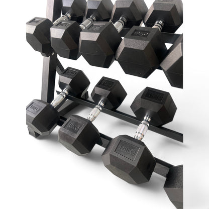 Hex Dumbbell 2-18kg Set With 3 Tier Rack Stand - 2kg increments- 9 Pairs Set