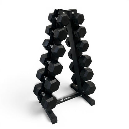 Hex Dumbbell 6-16kg Set With Vertical Rack Stand - Free weights- 6 Pairs Set