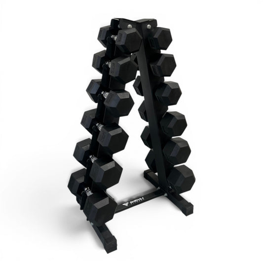 Hex Dumbbell 6-16kg Set With Vertical Rack Stand - Free weights- 6 Pairs Set