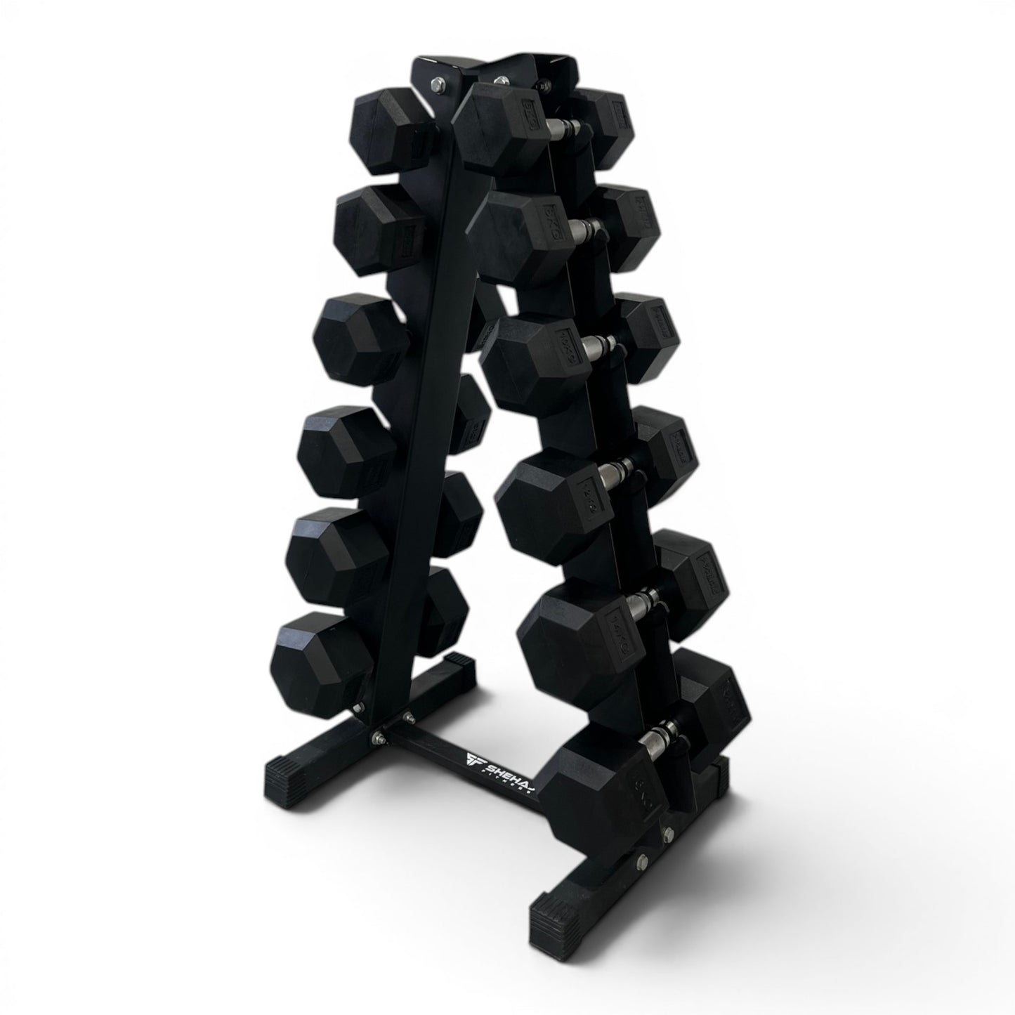 Hex Dumbbell 6-16kg Set With Vertical Rack Stand - Free weights- 6 Pairs Set