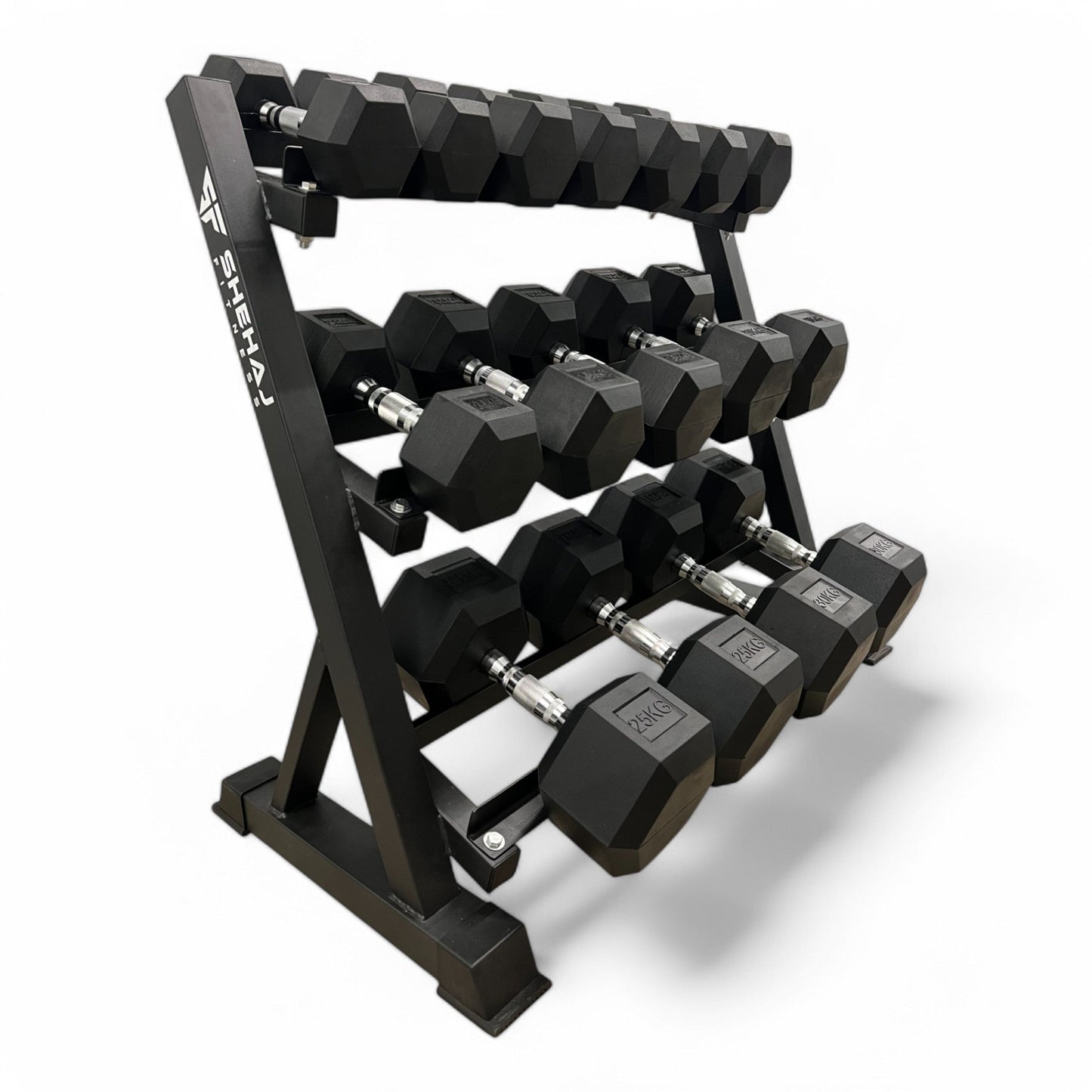 30kg–50kg Hex Dumbbell Set with 106cm 3-Tier Rack – Shehaj Fitness